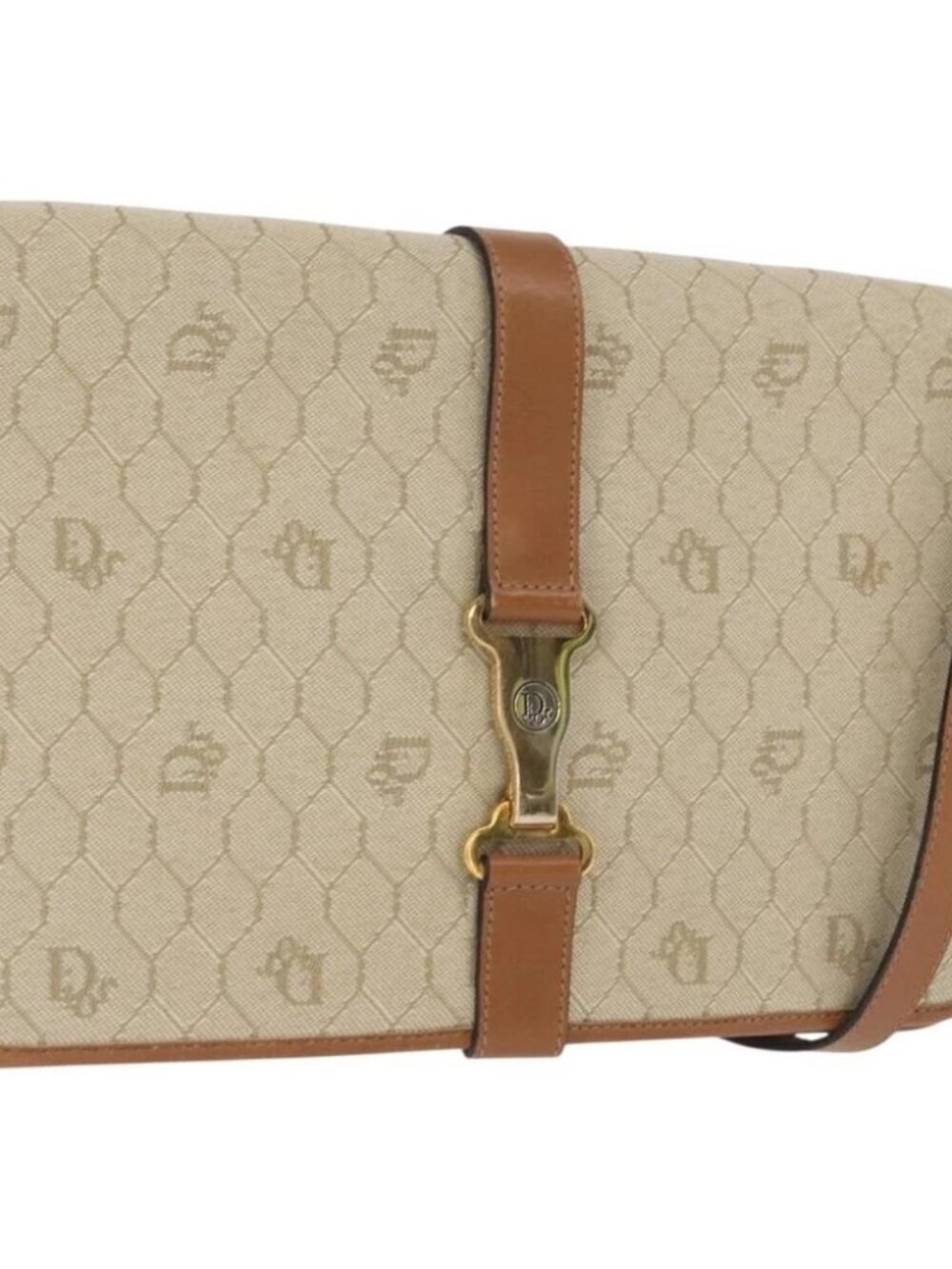 Christian Dior Honeycomb Canvas Shoulder Bag Beige Gold